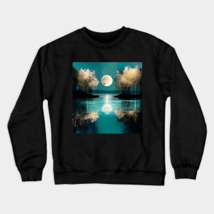 Teal Blue Serene Lake Reflections Full Moon Metallic Crewneck Sweatshirt